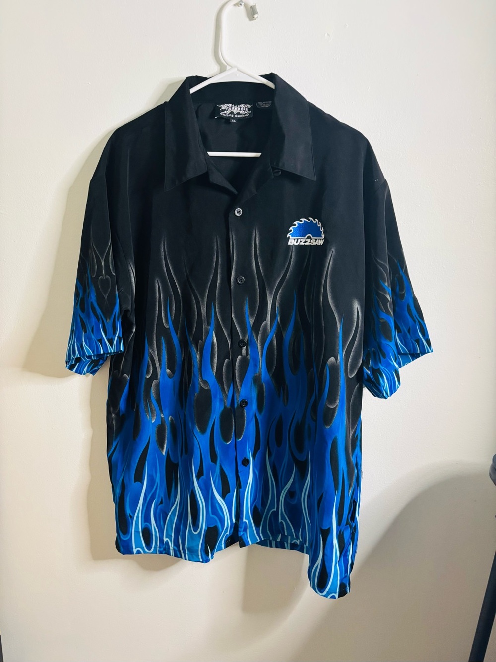Y2K Dragonfly men’s lounge button down shirt XL blue flame design Buzzsaw